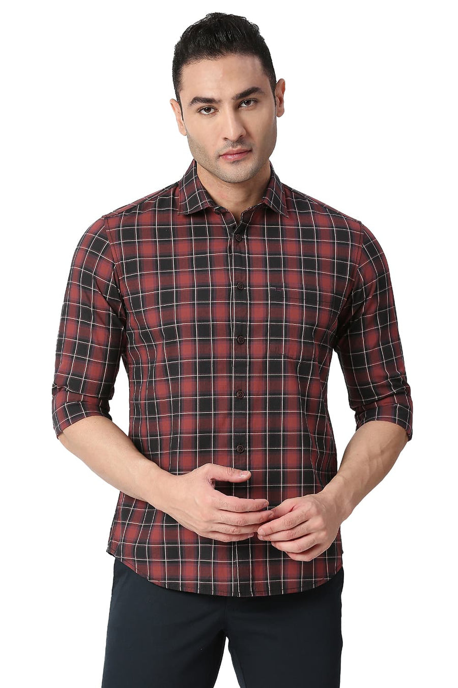 BASICS SLIM FIT BARN RED COTTON CHECKS SHIRT