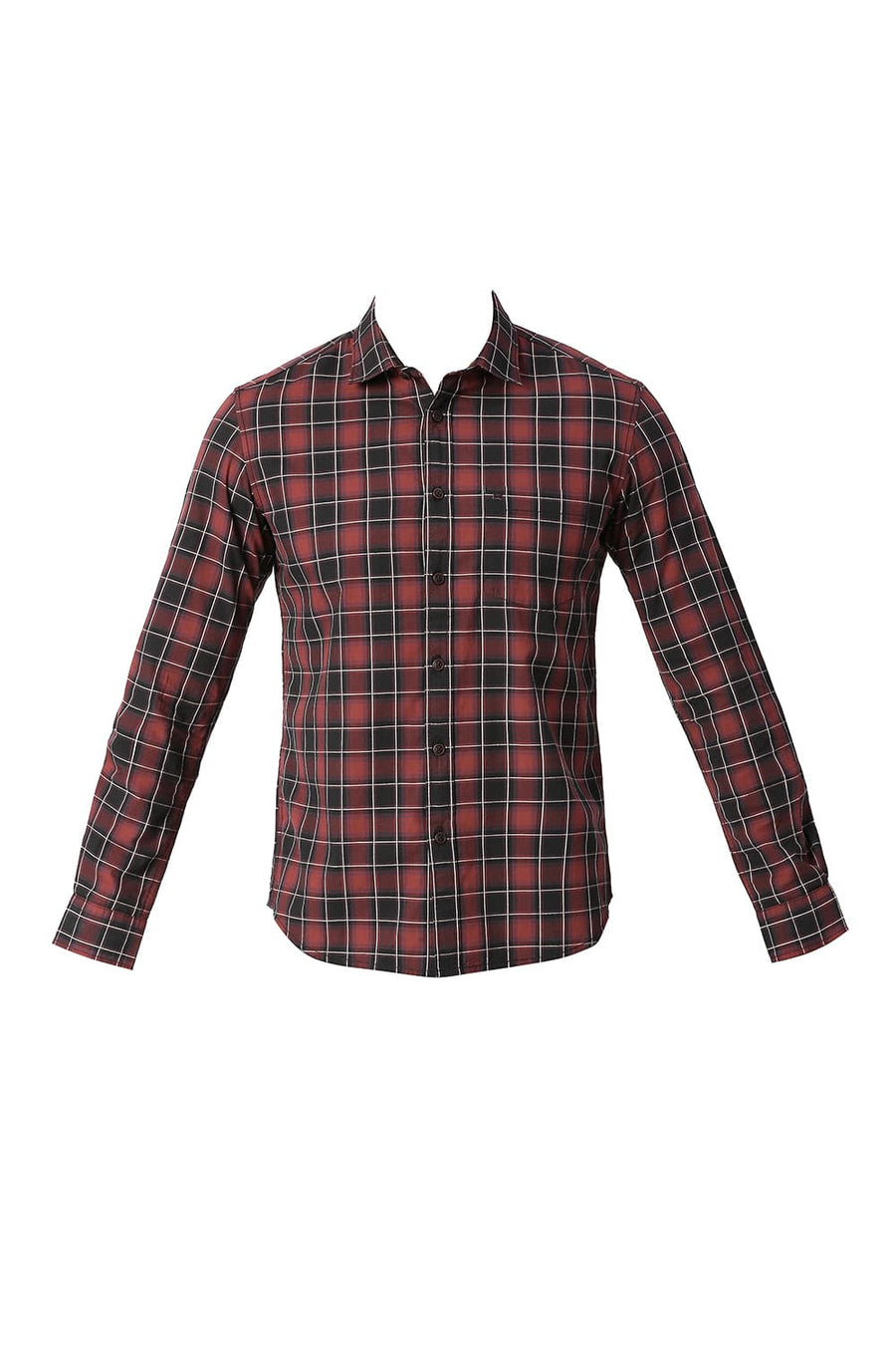 BASICS SLIM FIT BARN RED COTTON CHECKS SHIRT