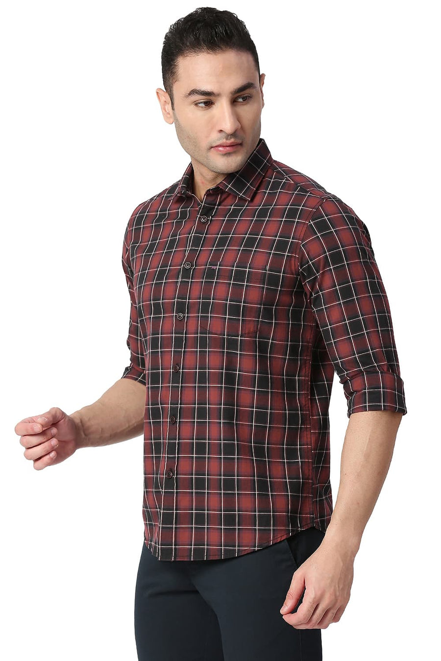 BASICS SLIM FIT BARN RED COTTON CHECKS SHIRT