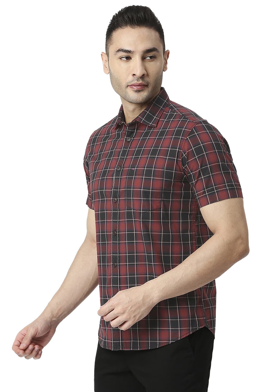 BASICS SLIM FIT COTTON CHECKS HALFSLEEVES SHIRT