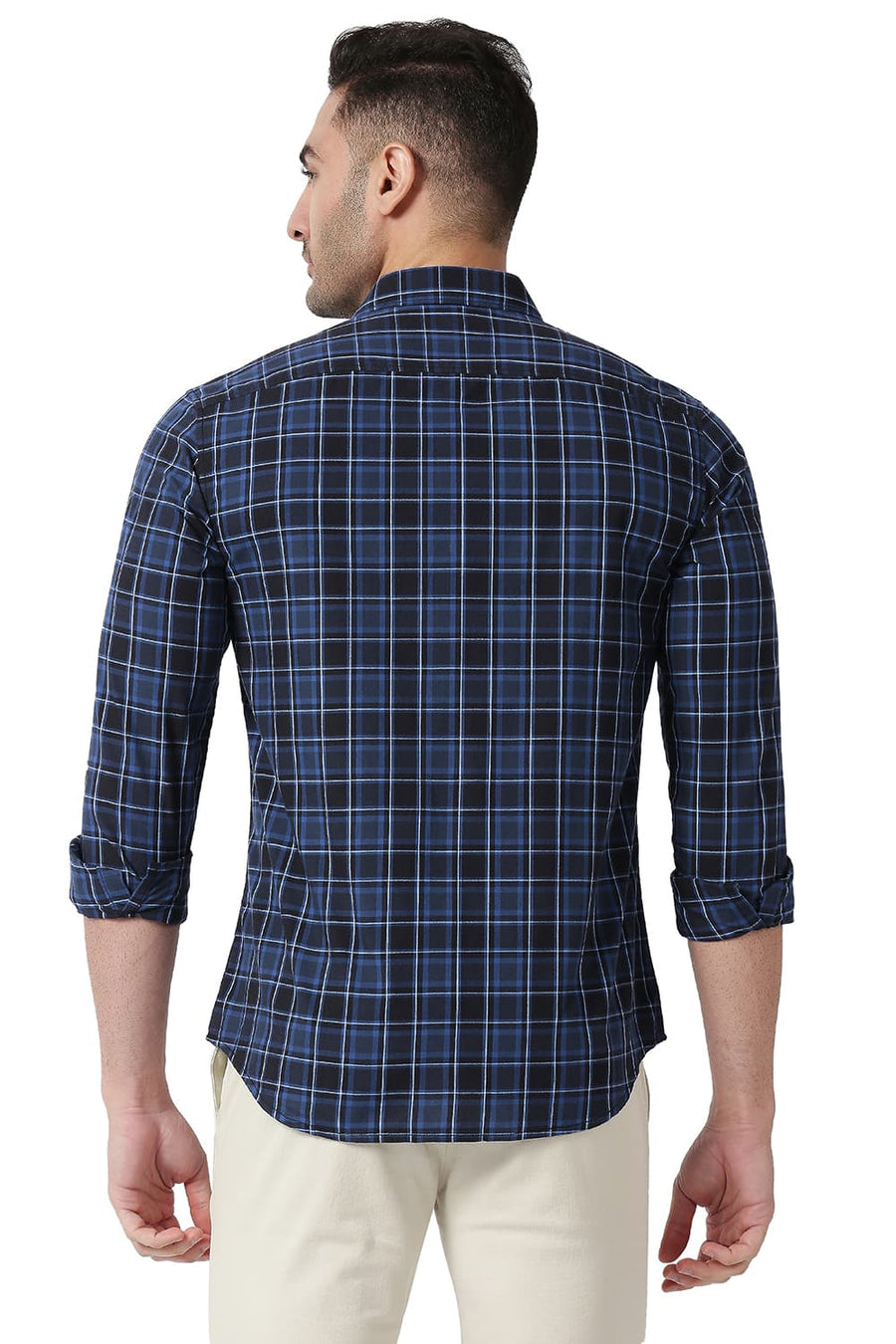 BASICS SLIM FIT DRESS BLUE COTTON CHECKS SHIRT