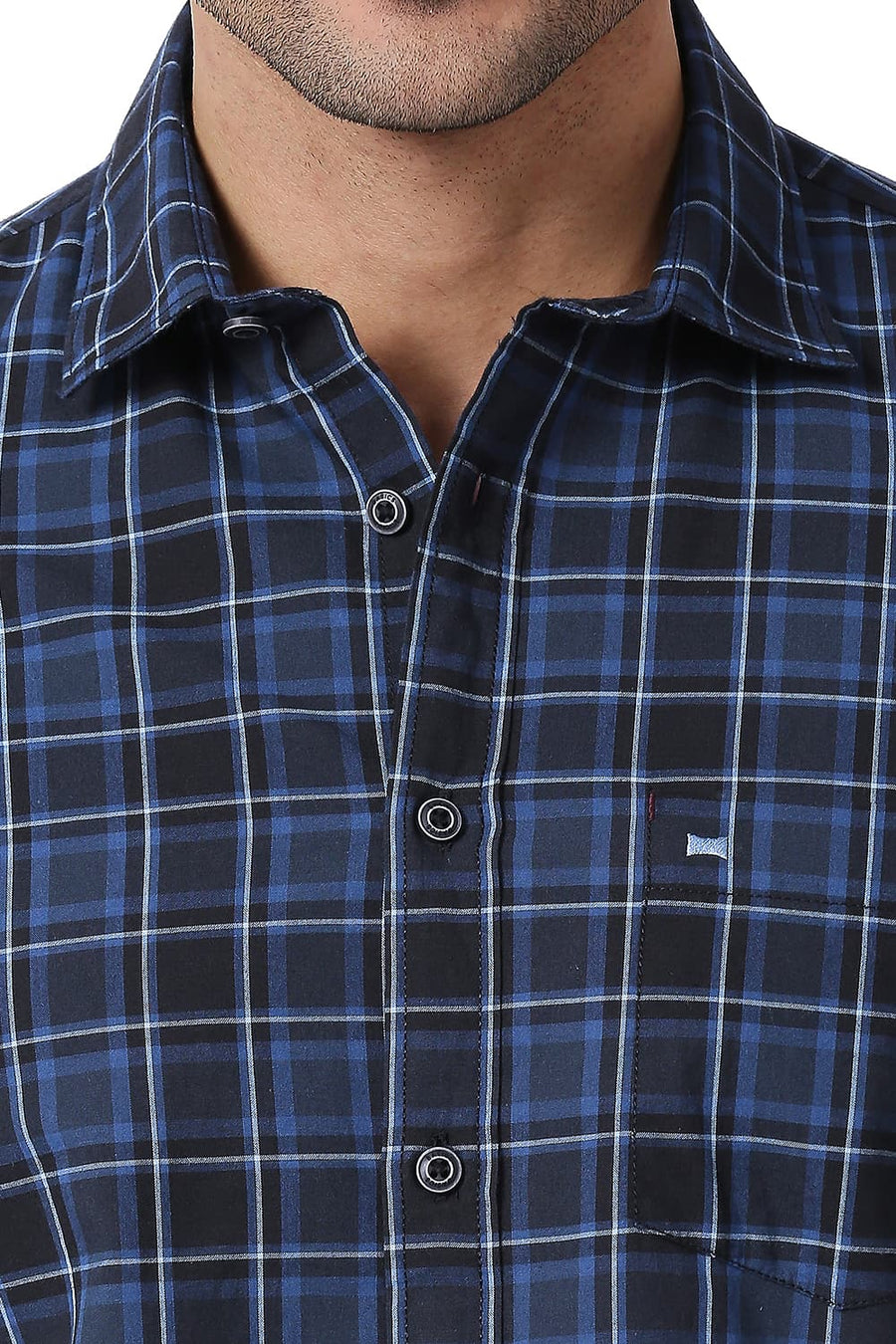 BASICS SLIM FIT DRESS BLUE COTTON CHECKS SHIRT