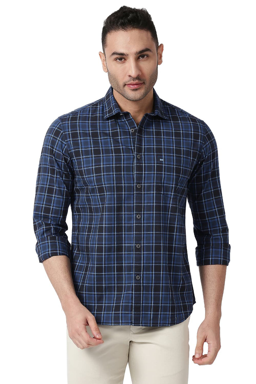 BASICS SLIM FIT DRESS BLUE COTTON CHECKS SHIRT