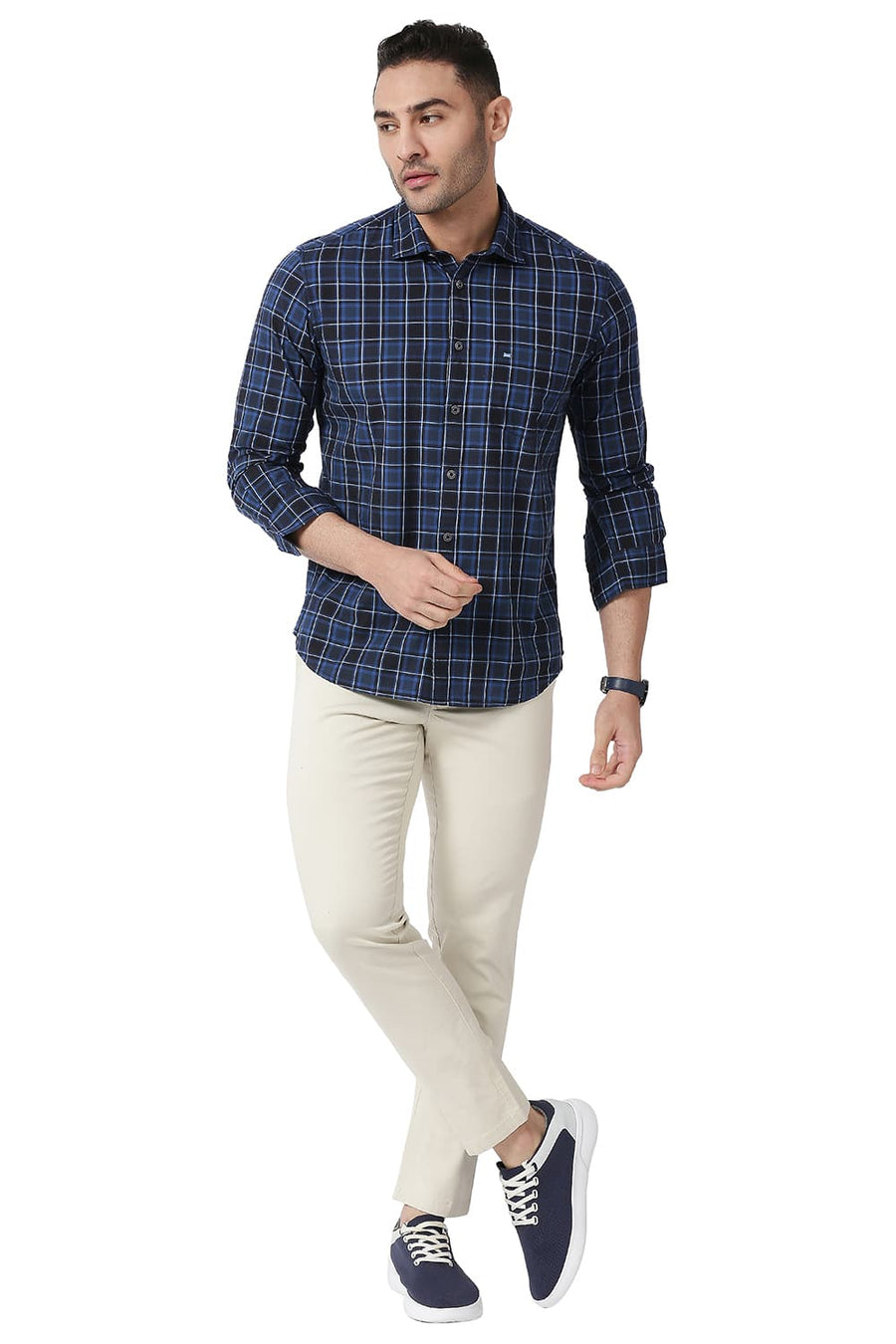 BASICS SLIM FIT DRESS BLUE COTTON CHECKS SHIRT