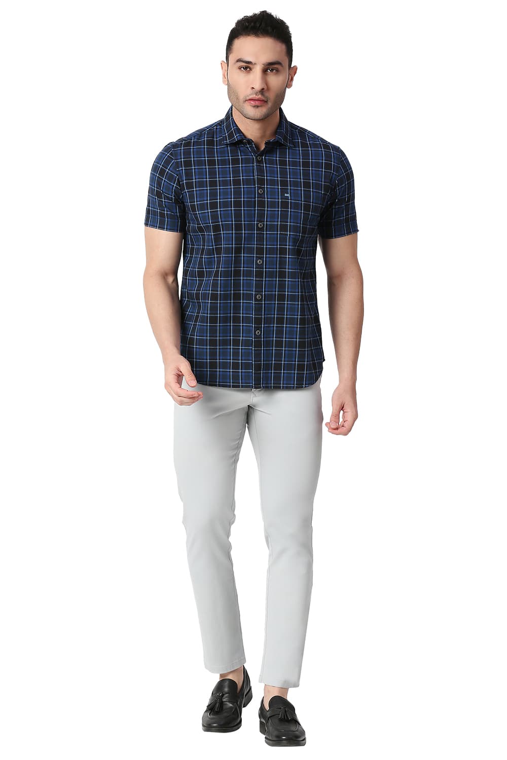 BASICS SLIM FIT COTTON CHECKS HALFSLEEVES SHIRT