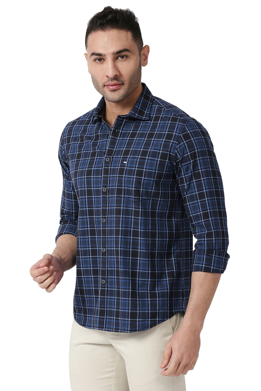 BASICS SLIM FIT DRESS BLUE COTTON CHECKS SHIRT