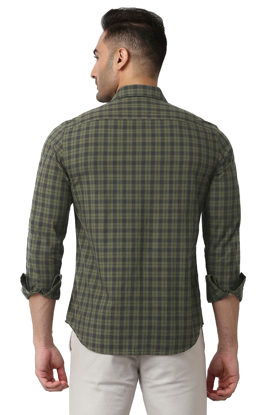 BASICS SLIM FIT CHINE GREEN COTTON CHECKS SHIRT