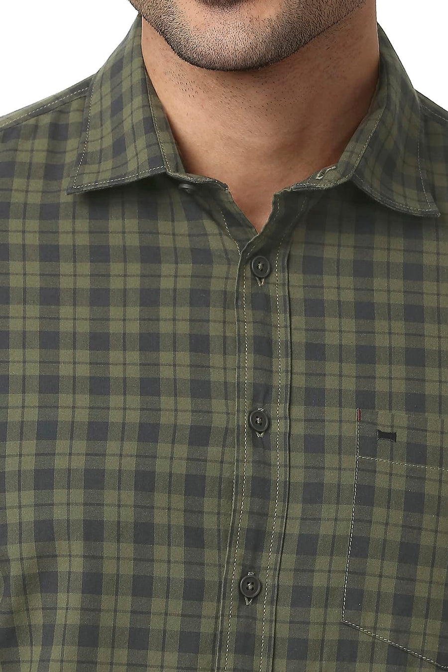 BASICS SLIM FIT CHINE GREEN COTTON CHECKS SHIRT