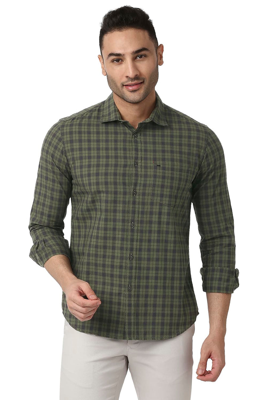 BASICS SLIM FIT CHINE GREEN COTTON CHECKS SHIRT