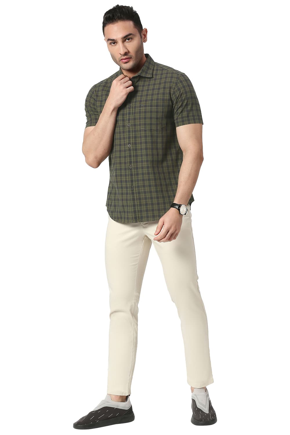 BASICS SLIM FIT COTTON CHECKS HALFSLEEVES SHIRT