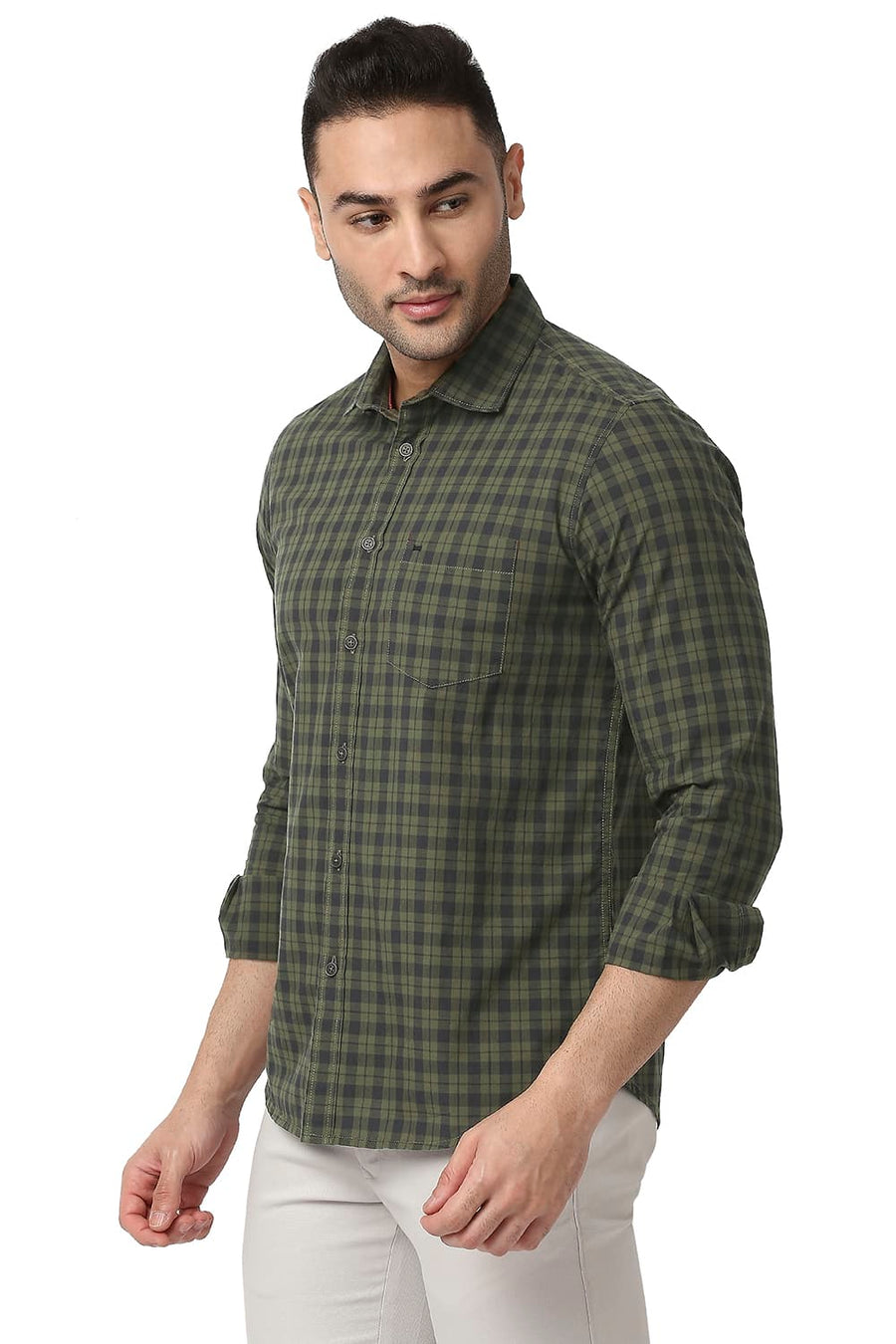BASICS SLIM FIT CHINE GREEN COTTON CHECKS SHIRT