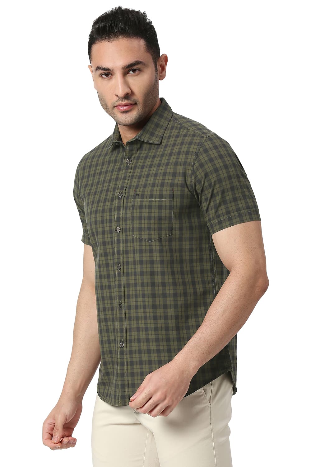 BASICS SLIM FIT COTTON CHECKS HALFSLEEVES SHIRT