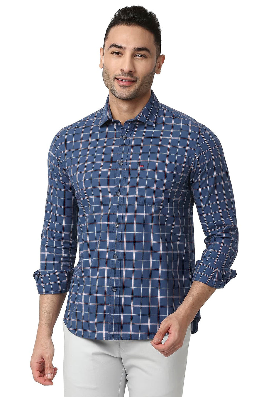 BASICS SLIM FIT MOONLIGHT BLUE COTTON CHECKS SHIRT