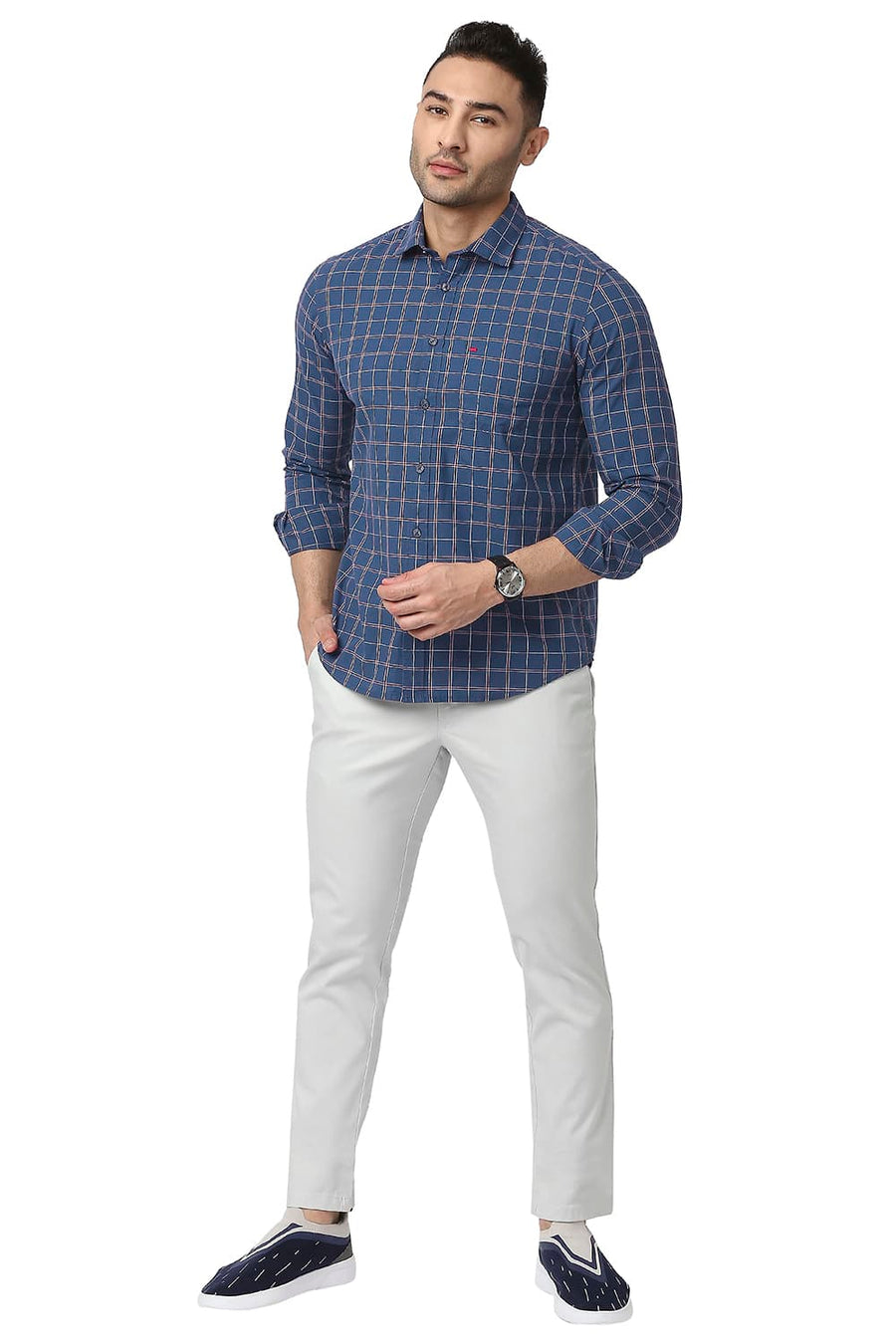 BASICS SLIM FIT MOONLIGHT BLUE COTTON CHECKS SHIRT