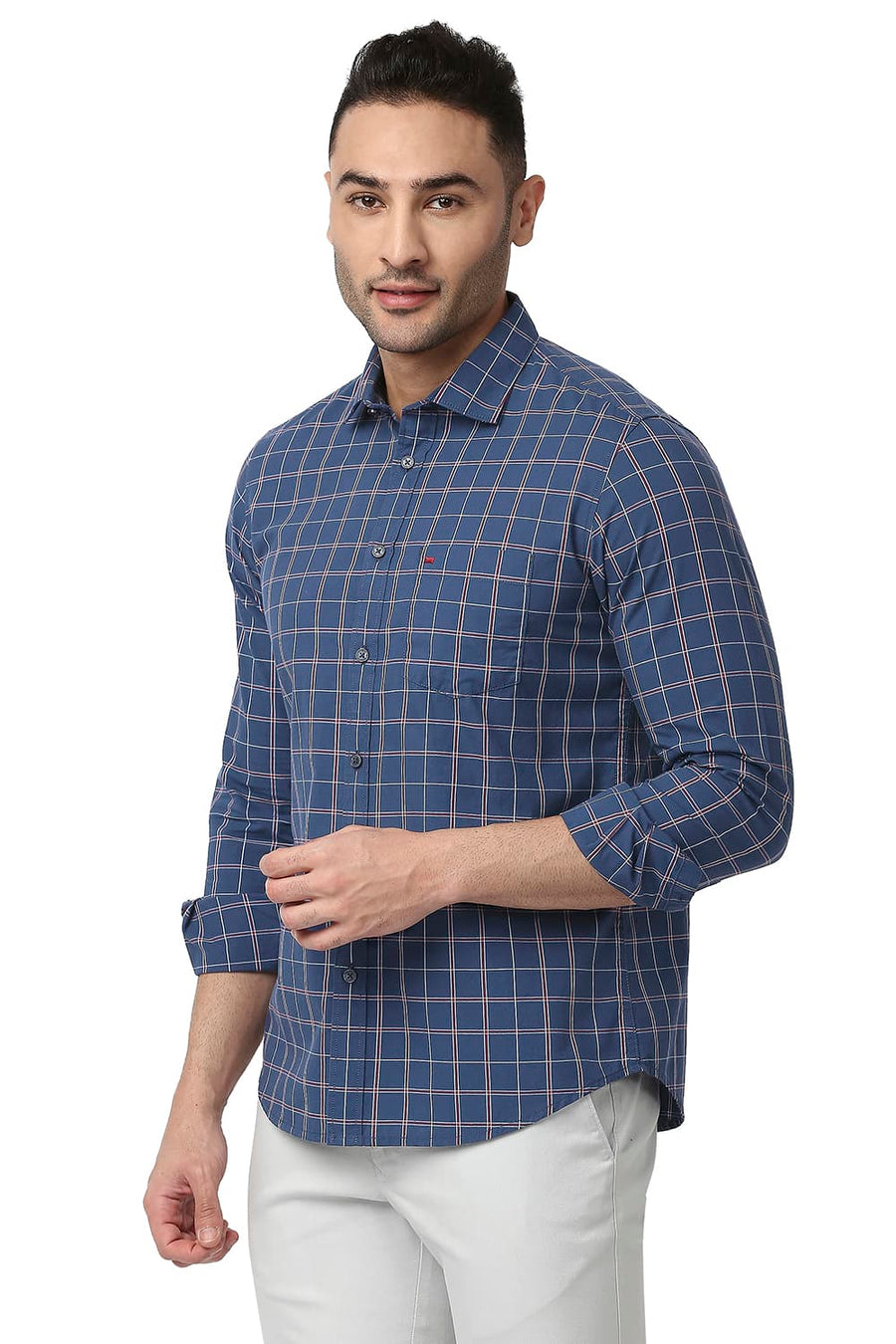 BASICS SLIM FIT MOONLIGHT BLUE COTTON CHECKS SHIRT