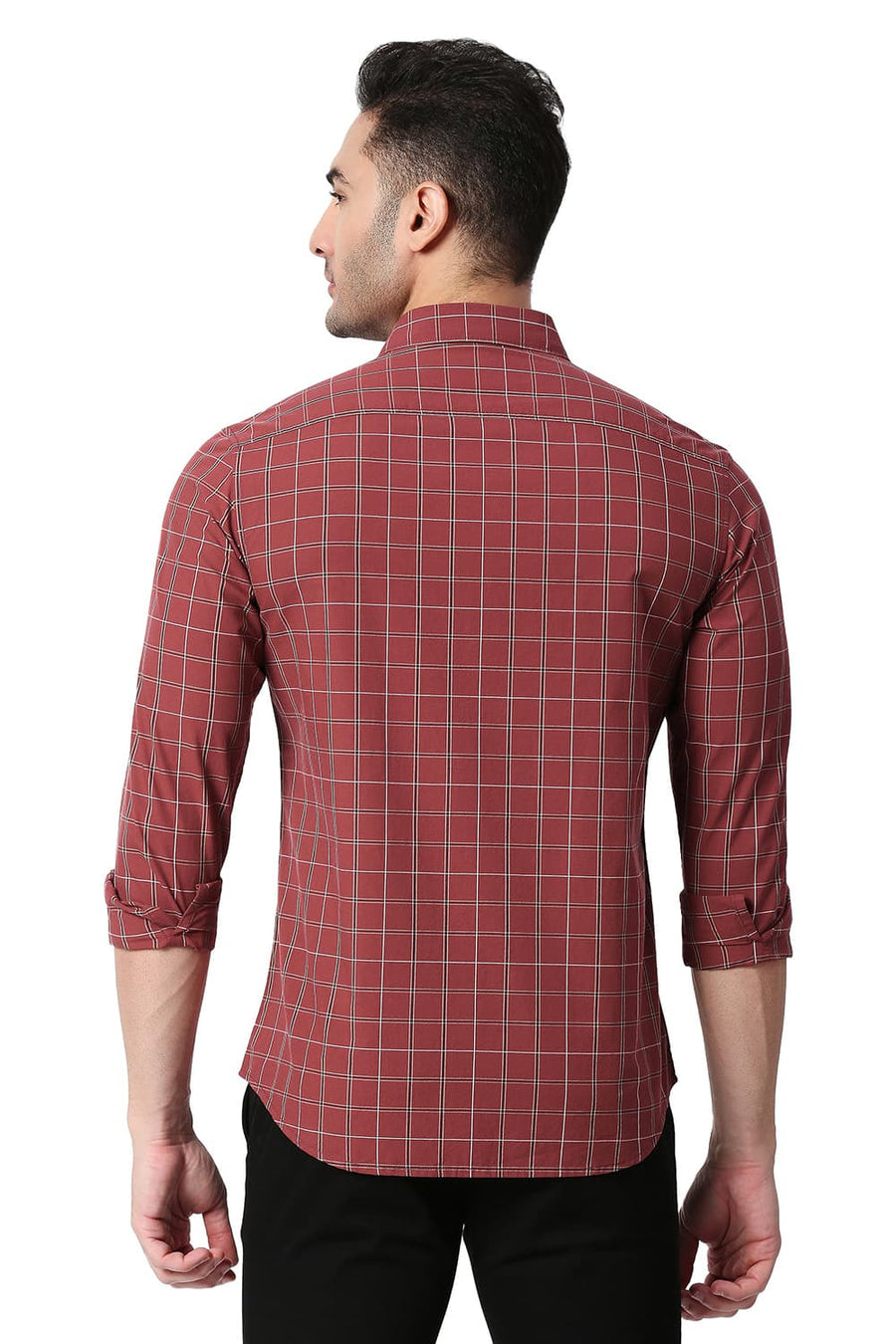 BASICS SLIM FIT BURNT RED COTTON CHECKS SHIRT