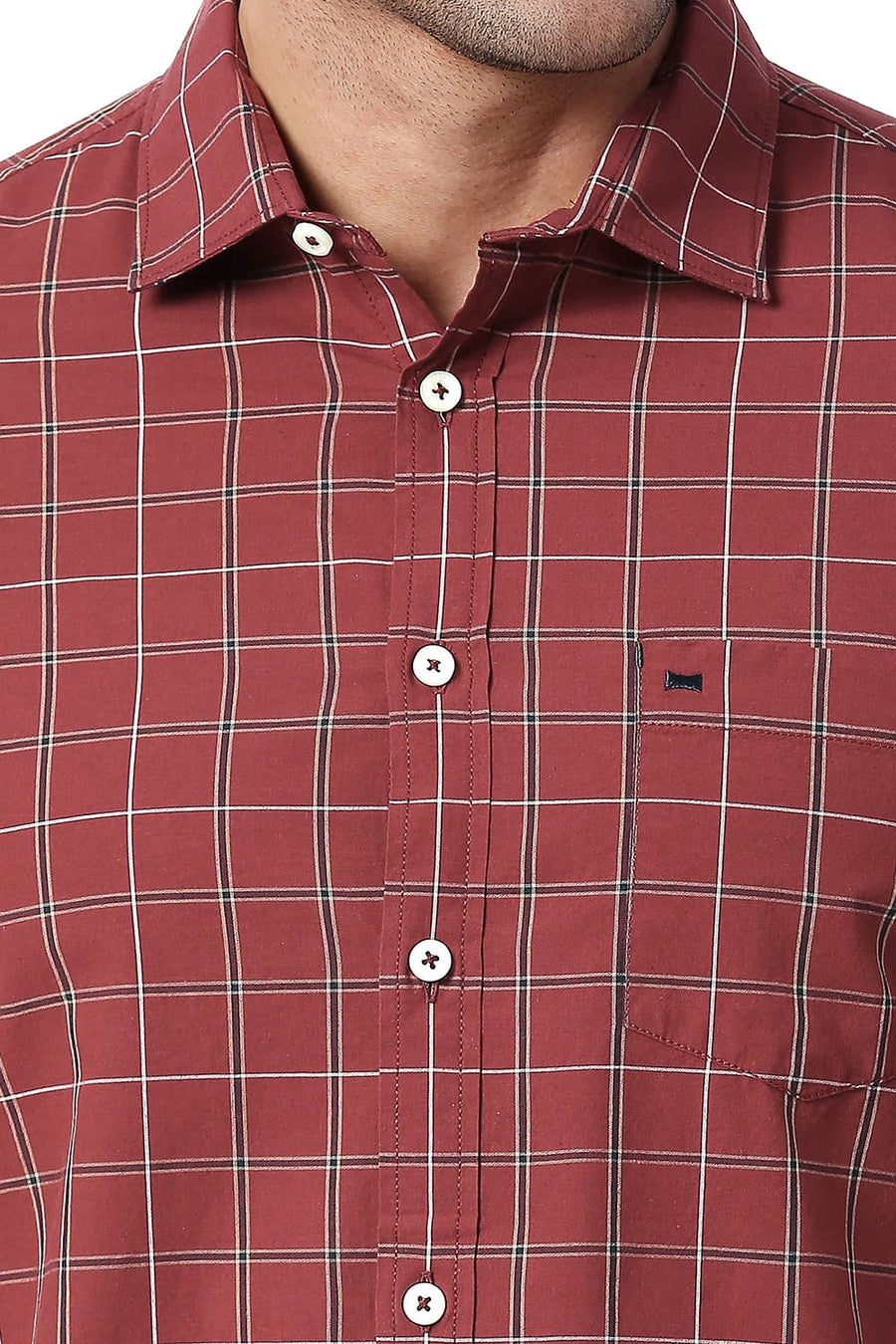 BASICS SLIM FIT BURNT RED COTTON CHECKS SHIRT
