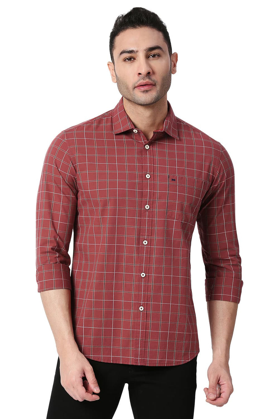 BASICS SLIM FIT BURNT RED COTTON CHECKS SHIRT