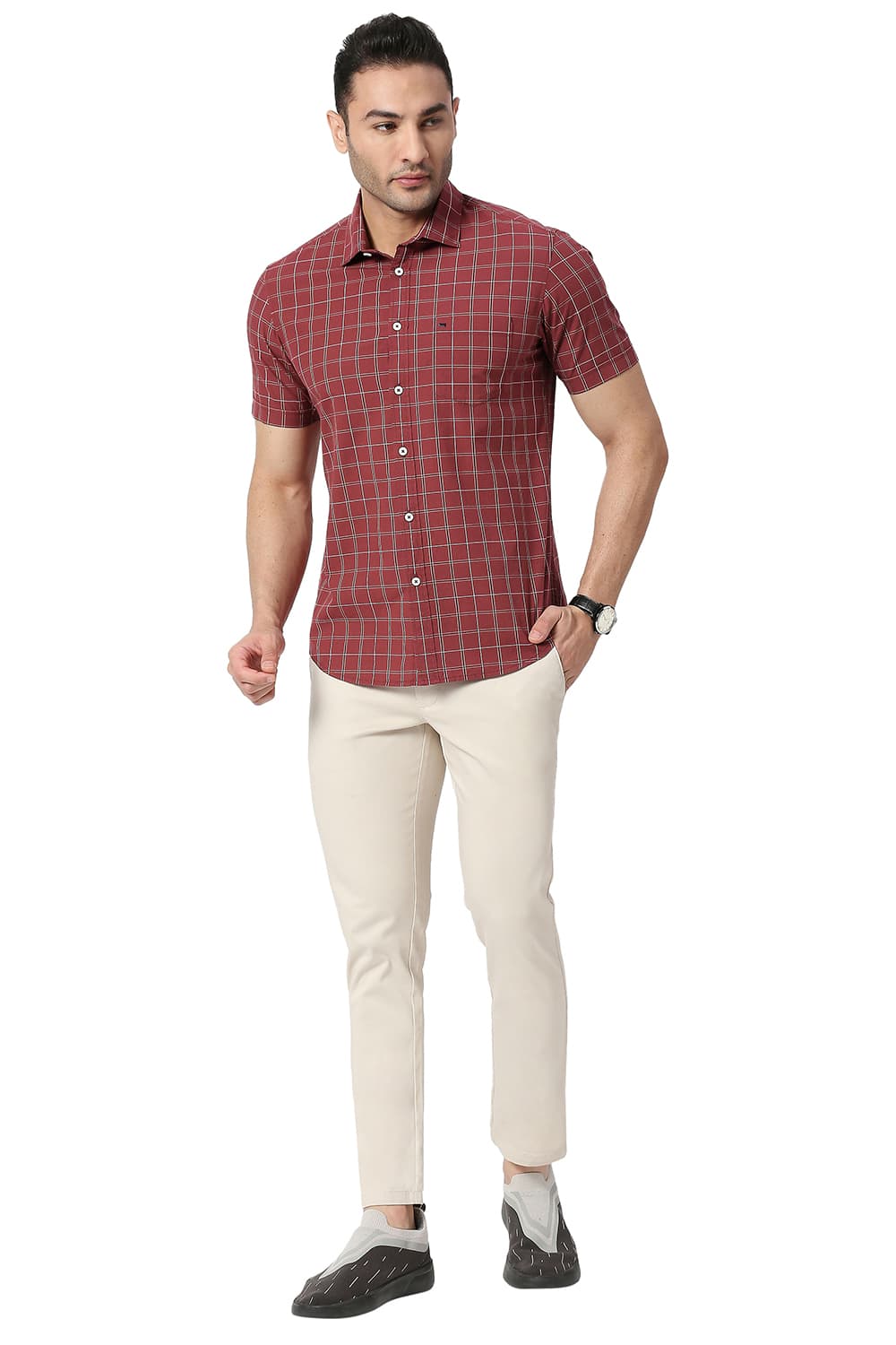 BASICS SLIM FIT COTTON CHECKS HALFSLEEVES SHIRT