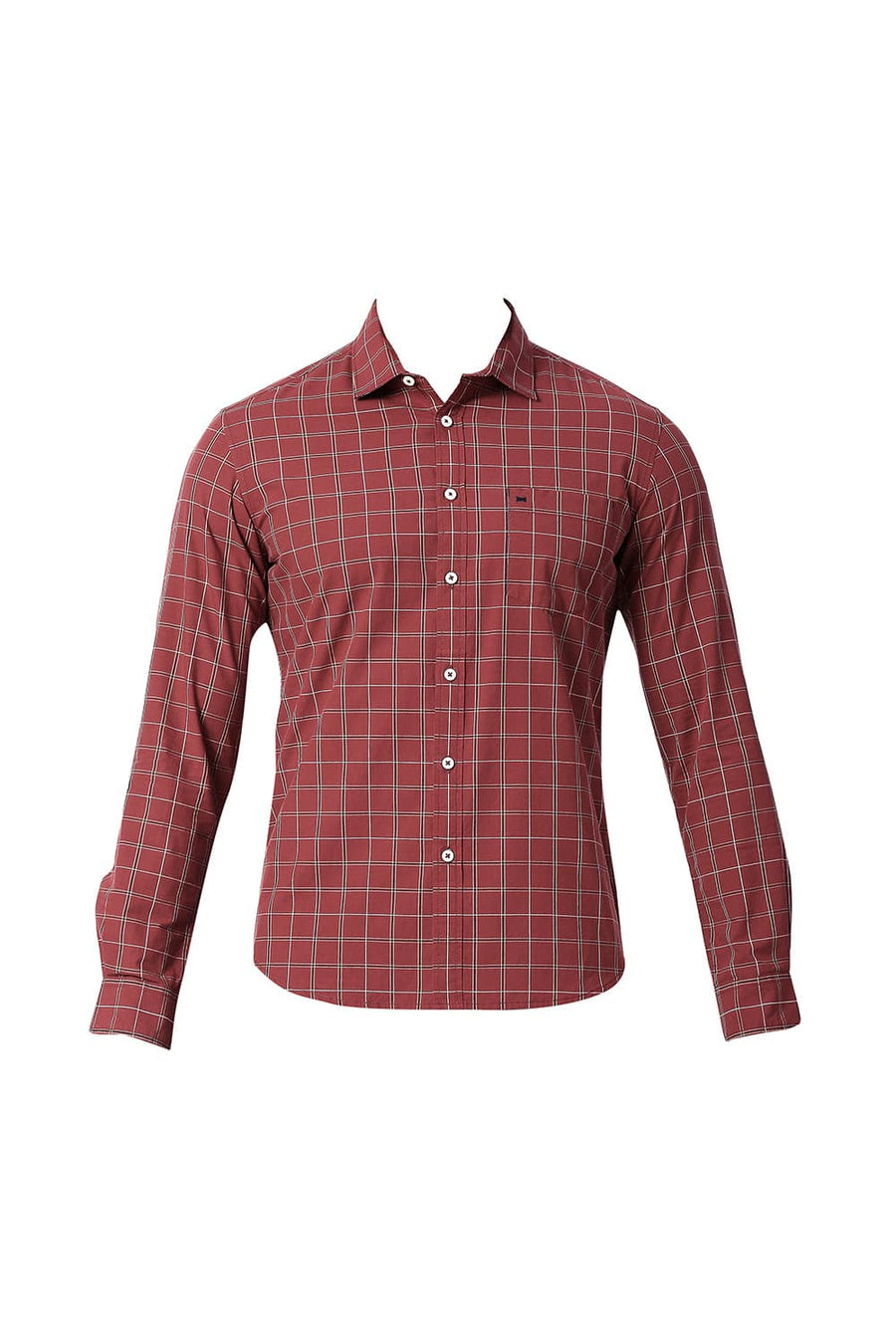 BASICS SLIM FIT BURNT RED COTTON CHECKS SHIRT