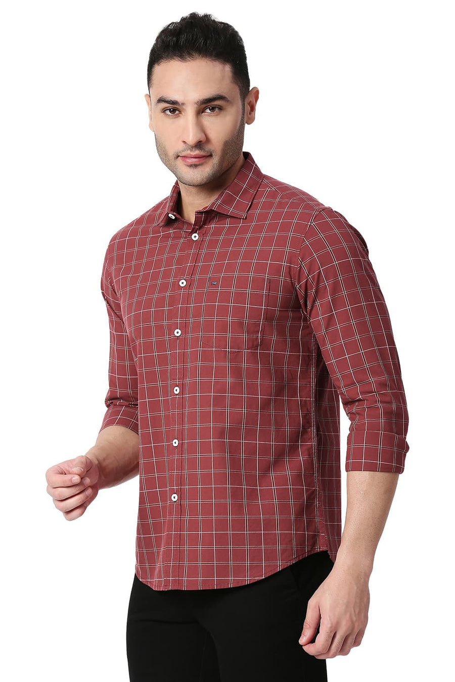 BASICS SLIM FIT BURNT RED COTTON CHECKS SHIRT