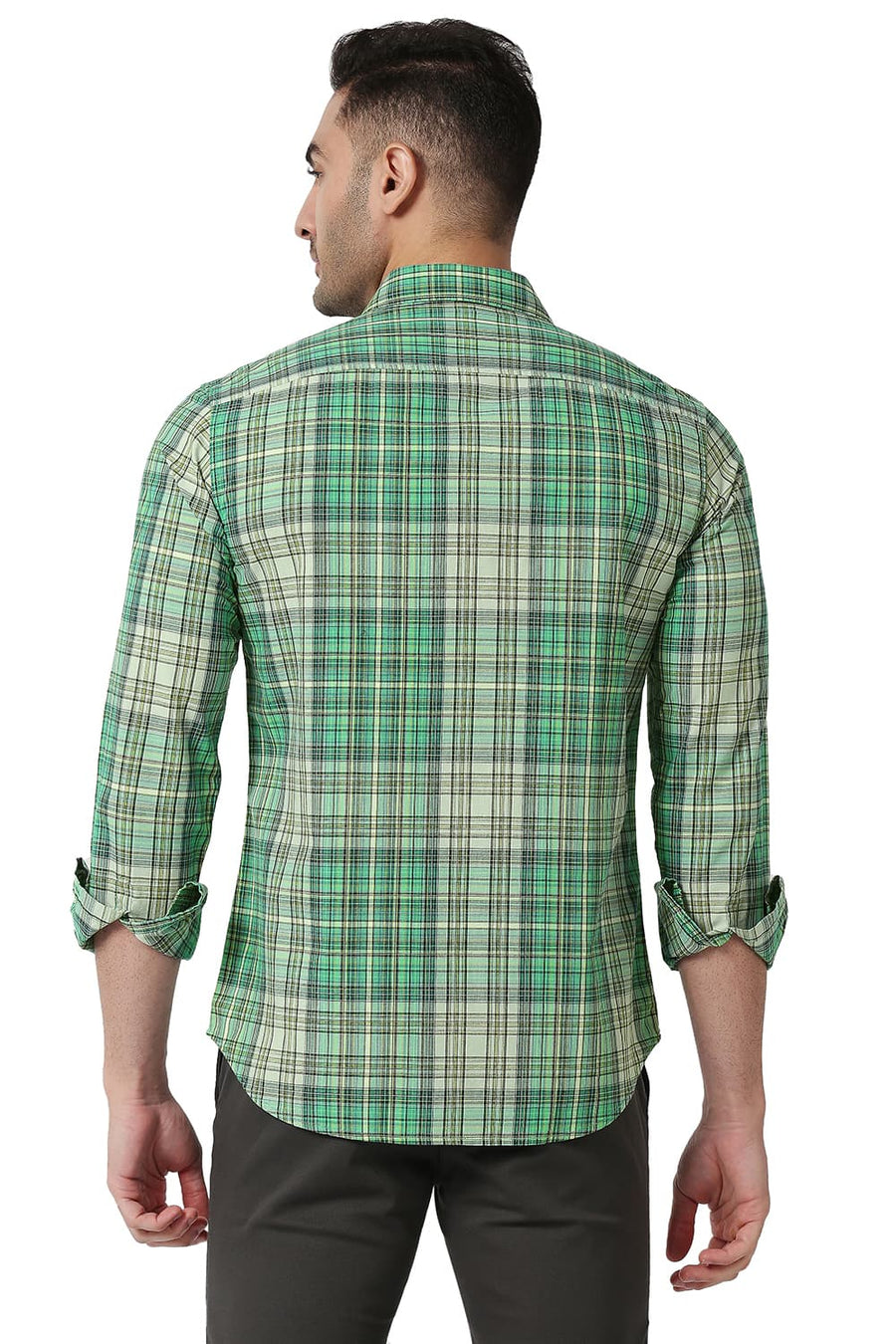 BASICS SLIM FIT FIR GREEN COTTON CHECKS SHIRT