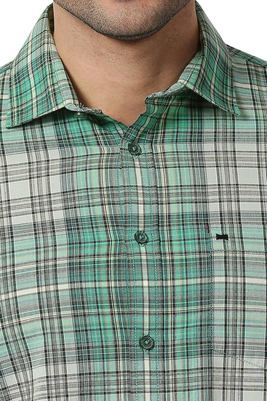 BASICS SLIM FIT FIR GREEN COTTON CHECKS SHIRT