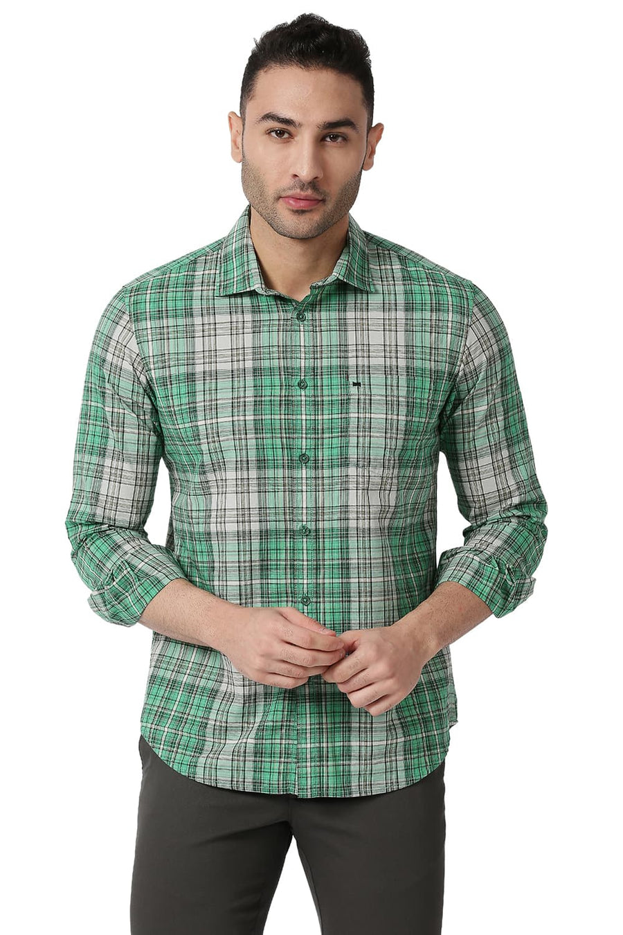 BASICS SLIM FIT FIR GREEN COTTON CHECKS SHIRT