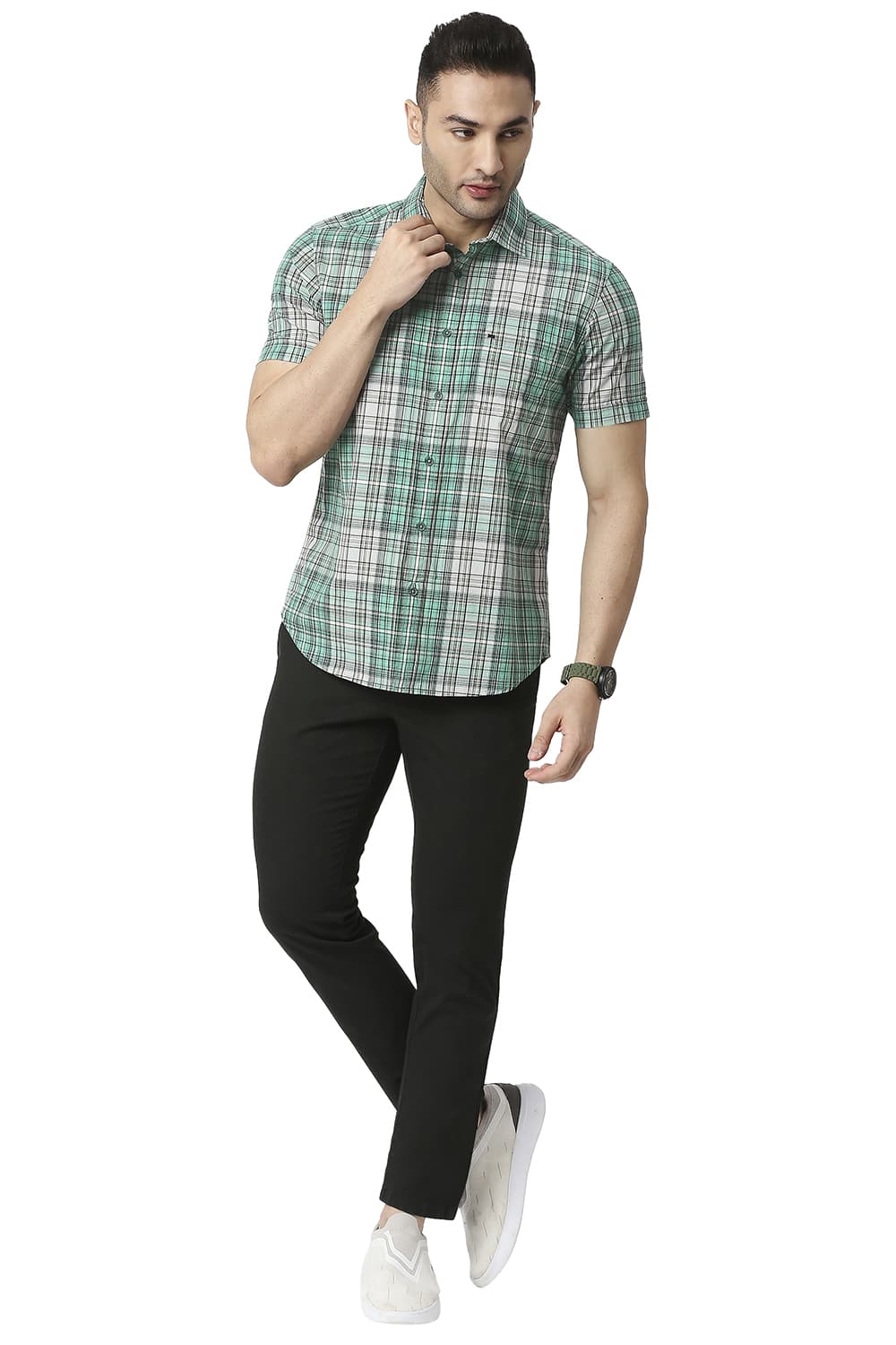 BASICS SLIM FIT COTTON CHECKS HALFSLEEVES SHIRT