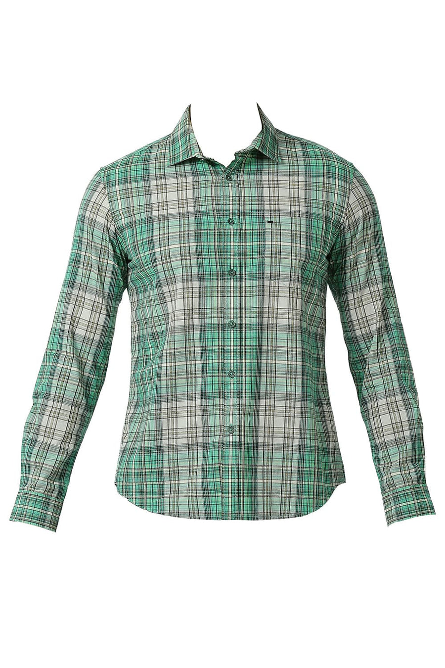 BASICS SLIM FIT FIR GREEN COTTON CHECKS SHIRT