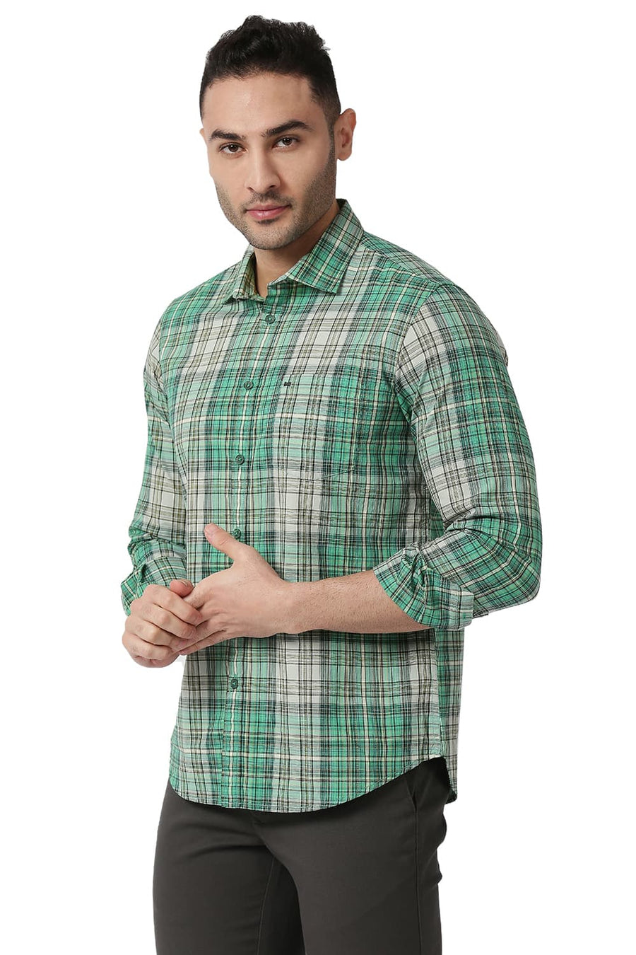 BASICS SLIM FIT FIR GREEN COTTON CHECKS SHIRT