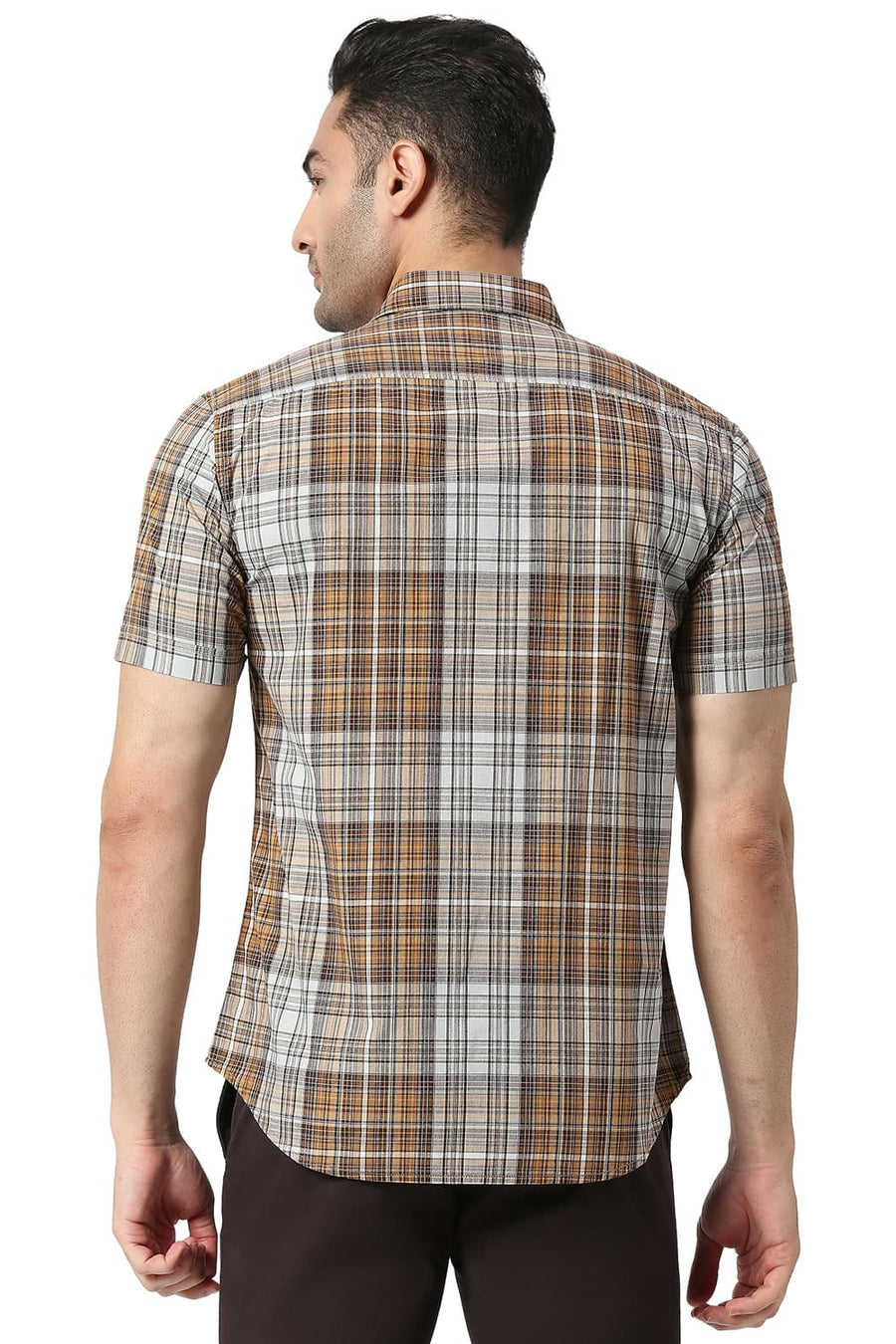 BASICS SLIM FIT TAPENADE KHAKI COTTON CHECKS SHIRT