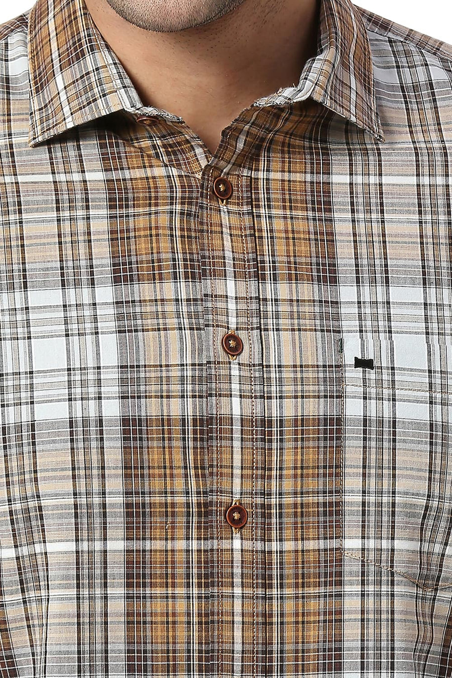 BASICS SLIM FIT TAPENADE KHAKI COTTON CHECKS SHIRT