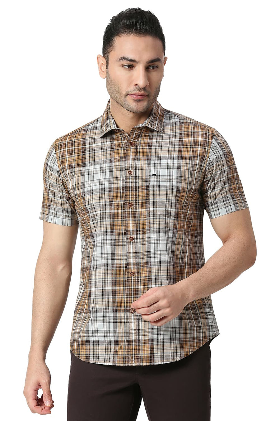BASICS SLIM FIT TAPENADE KHAKI COTTON CHECKS SHIRT