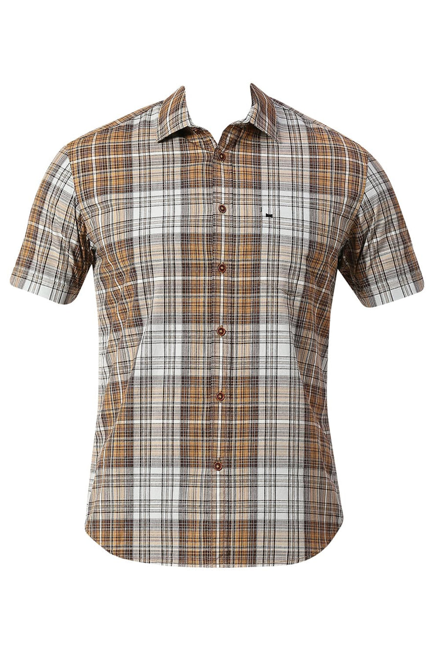 BASICS SLIM FIT TAPENADE KHAKI COTTON CHECKS SHIRT
