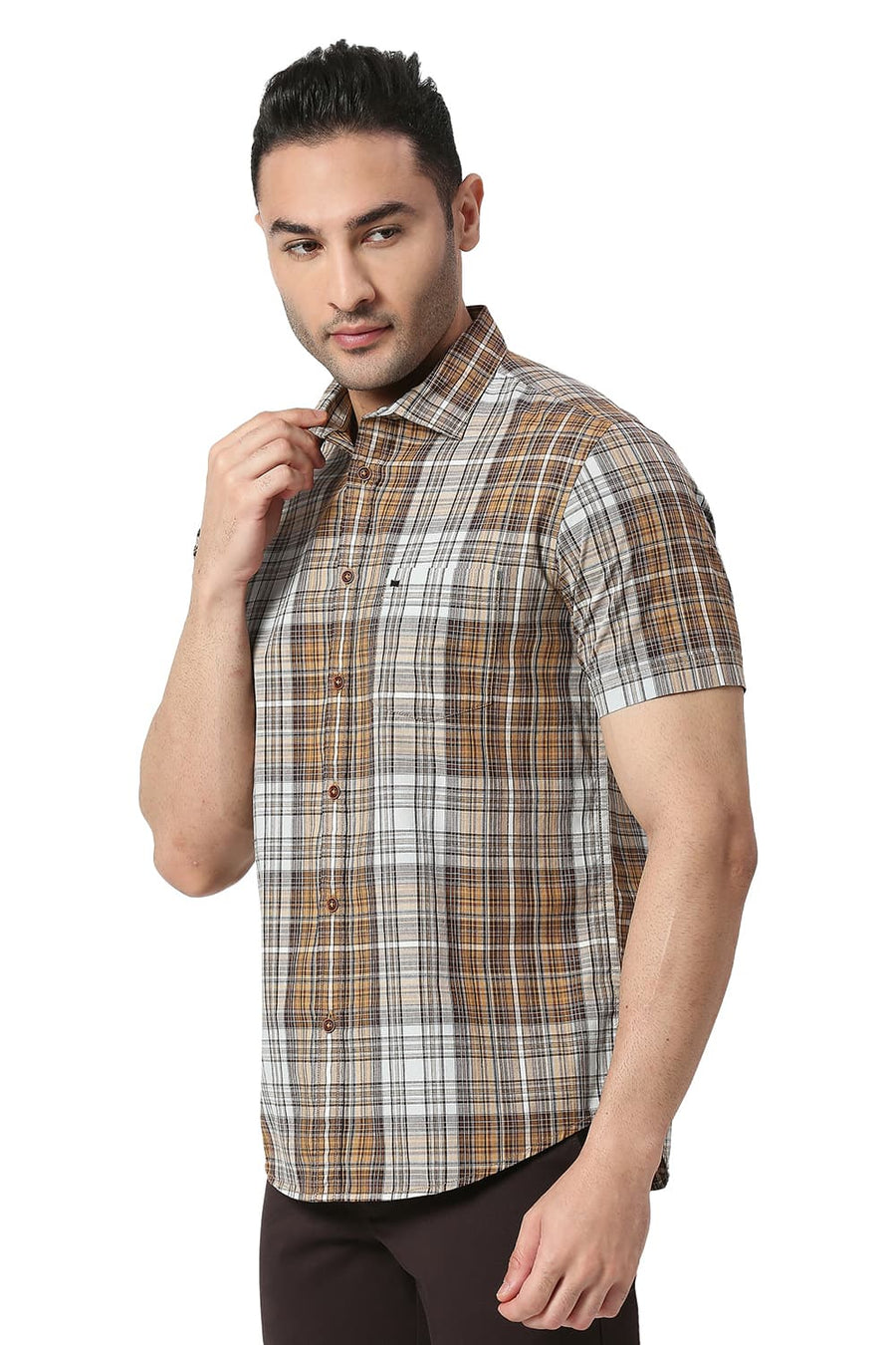 BASICS SLIM FIT TAPENADE KHAKI COTTON CHECKS SHIRT