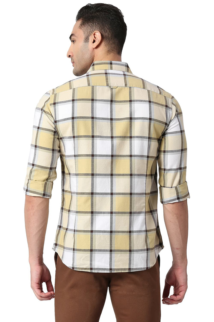 BASICS SLIM FIT HEMP KHAKI COTTON TWILL CHECKS SHIRT