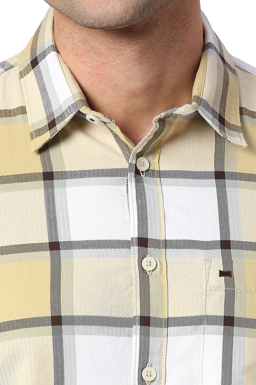 BASICS SLIM FIT HEMP KHAKI COTTON TWILL CHECKS SHIRT
