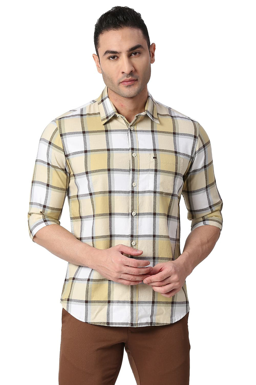 BASICS SLIM FIT HEMP KHAKI COTTON TWILL CHECKS SHIRT