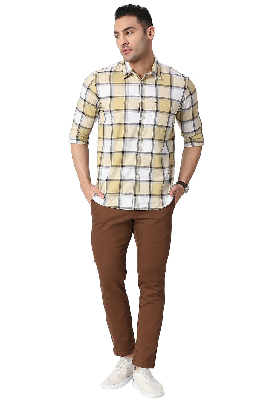 BASICS SLIM FIT HEMP KHAKI COTTON TWILL CHECKS SHIRT