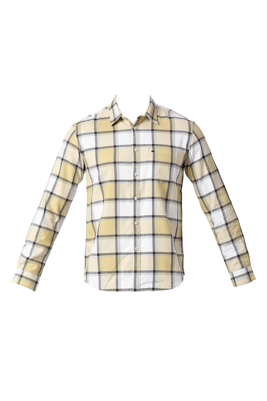 BASICS SLIM FIT HEMP KHAKI COTTON TWILL CHECKS SHIRT