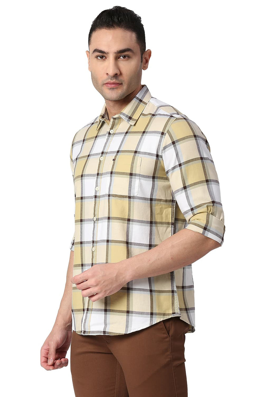 BASICS SLIM FIT HEMP KHAKI COTTON TWILL CHECKS SHIRT