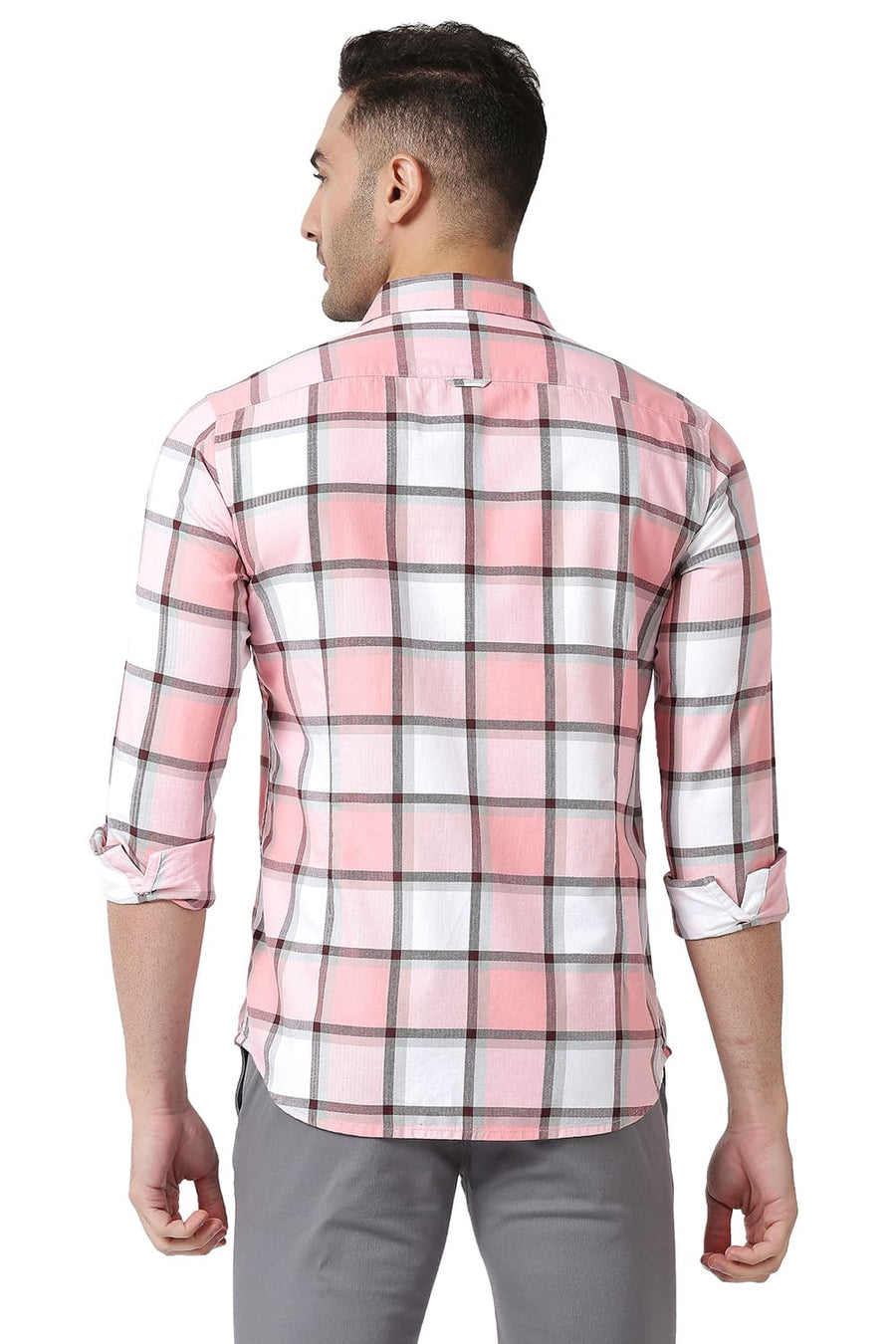 BASICS SLIM FIT ICING PINK COTTON TWILL CHECKS SHIRT