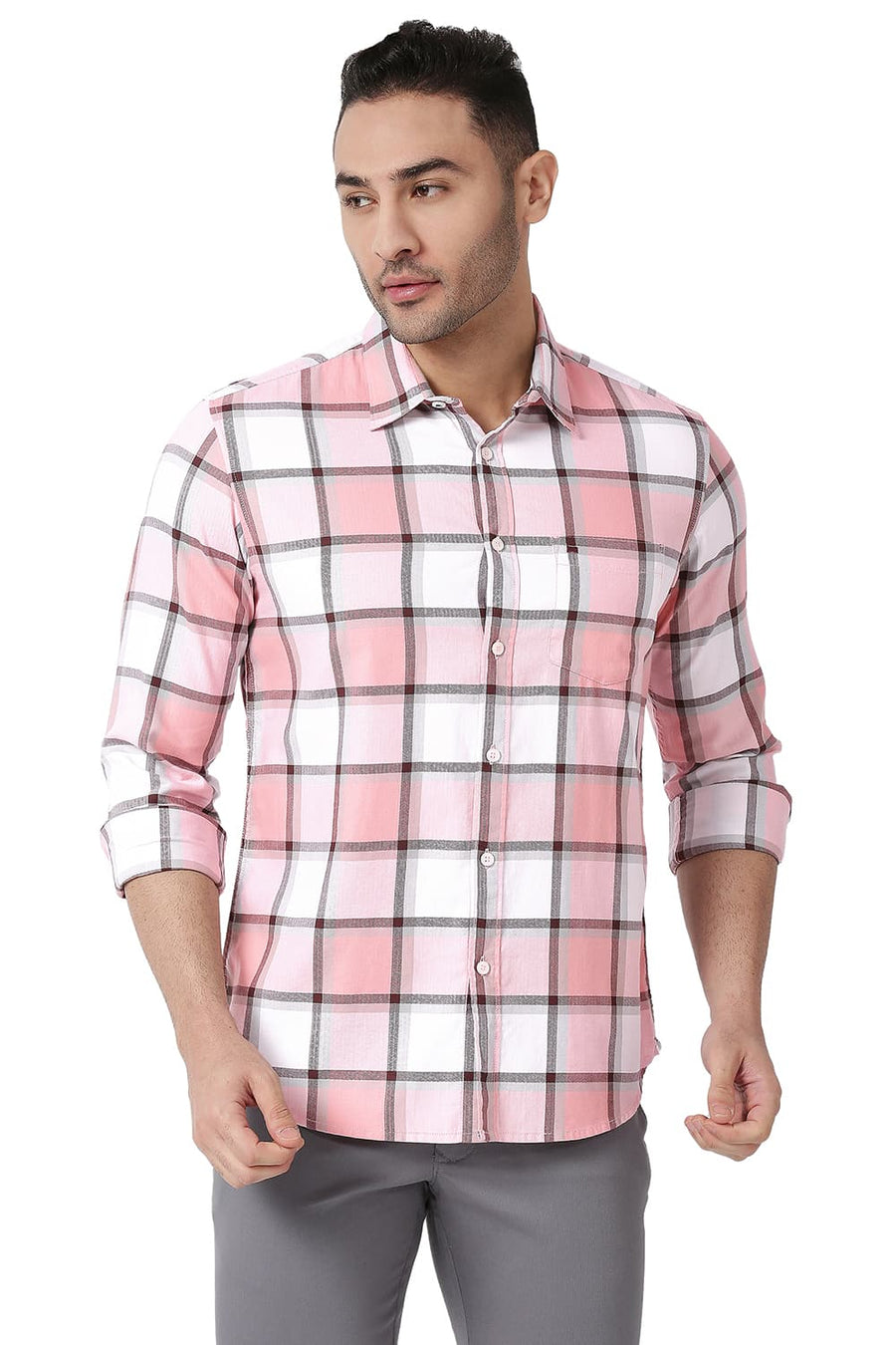 BASICS SLIM FIT ICING PINK COTTON TWILL CHECKS SHIRT