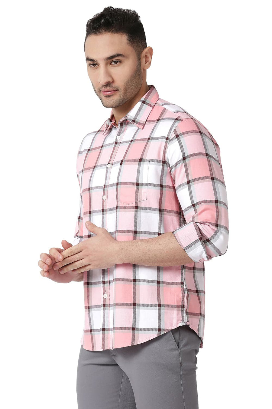 BASICS SLIM FIT ICING PINK COTTON TWILL CHECKS SHIRT