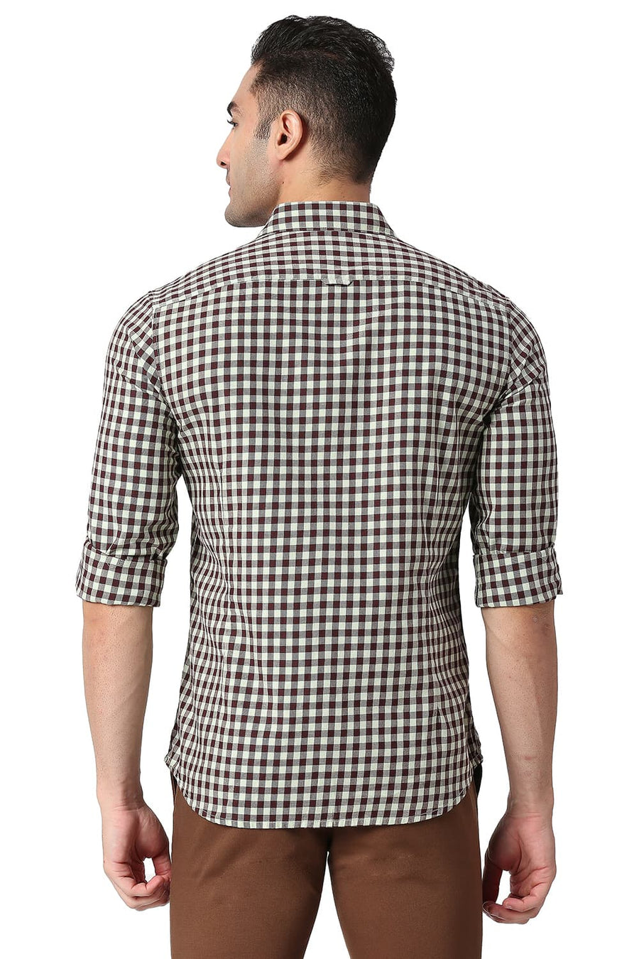 BASICS SLIM FIT SMOKE GREEN COTTON TWILL CHECKS SHIRT