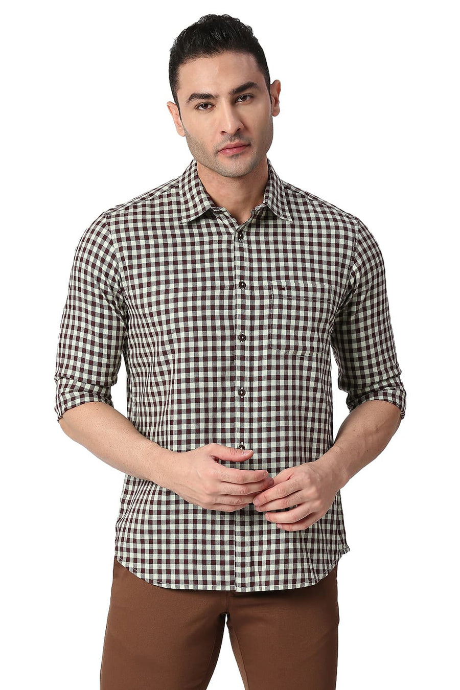 BASICS SLIM FIT SMOKE GREEN COTTON TWILL CHECKS SHIRT
