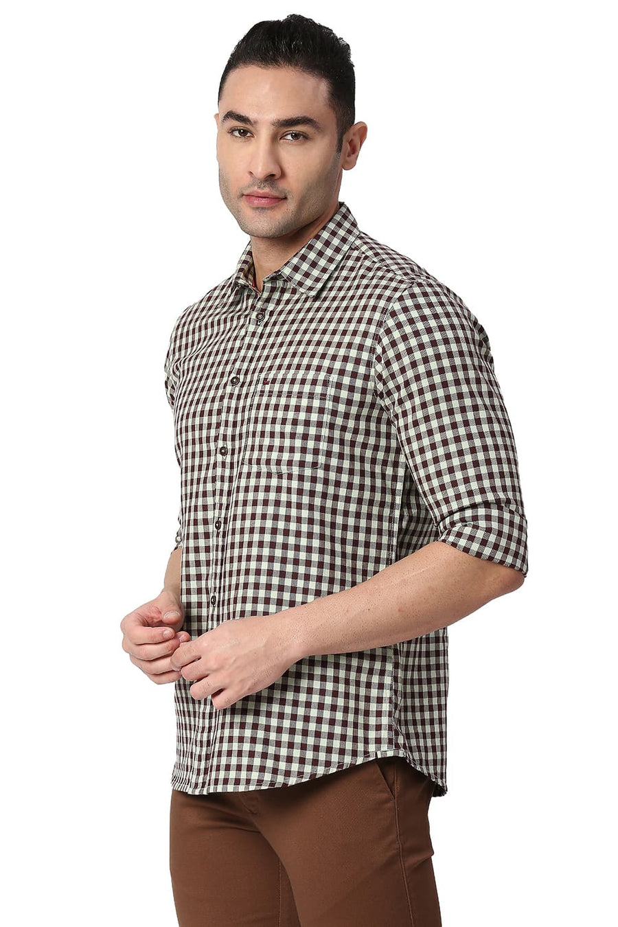 BASICS SLIM FIT SMOKE GREEN COTTON TWILL CHECKS SHIRT