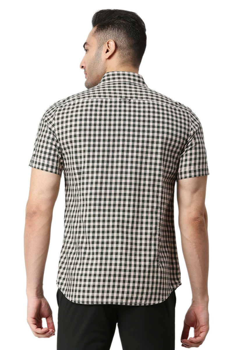 BASICS SLIM FIT COTTON TWILL CHECKS HALFSLEEVES SHIRT