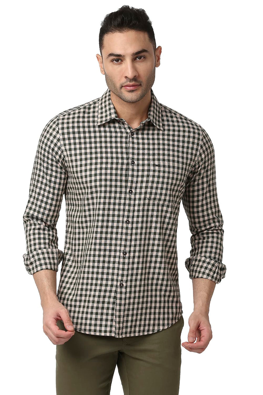 BASICS SLIM FIT SHALL PINK COTTON TWILL CHECKS SHIRT